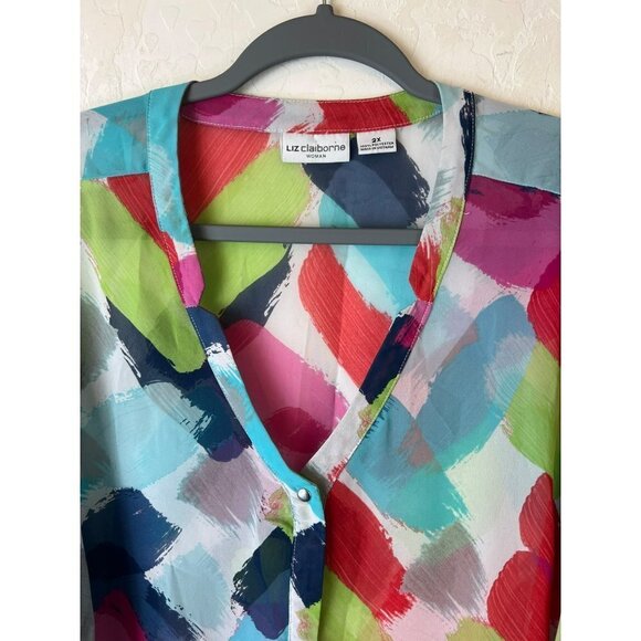 Liz Claiborne Woman 2X Polyester Paint Brush Multicolor Bright Cheery Blouse - Picture 3 of 5